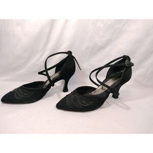 Capezio BR205 Black Leather Ballroom Dance Shoes Mesh Petal Pointed Toe Heel 7M
